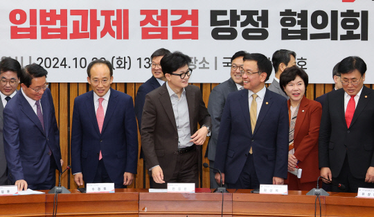 국민의힘 한동훈 대표와 추경호 원내대표, 최상목 경제부총리 겸 기획재정부 장관 등이 29일 오전 서울 여의도 국회에서 열린 민생 입법과제 점검 당정협의회에서 기념촬영을 마친 뒤 자리로 향하고 있다.<연합뉴스 사진>